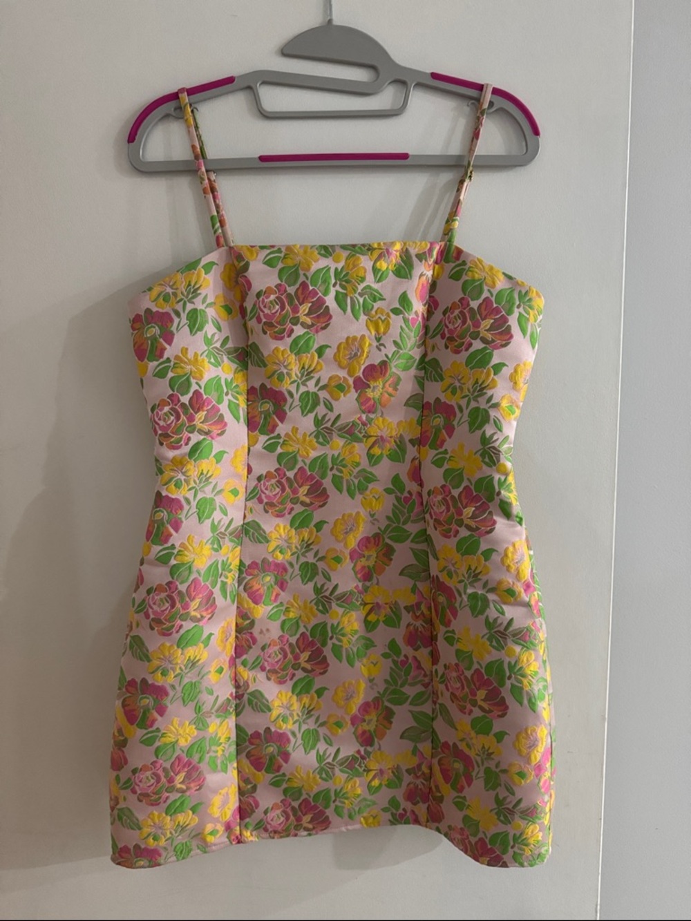 MAJORELLE Pink Floral Dress with Yellow & Green Embroidery